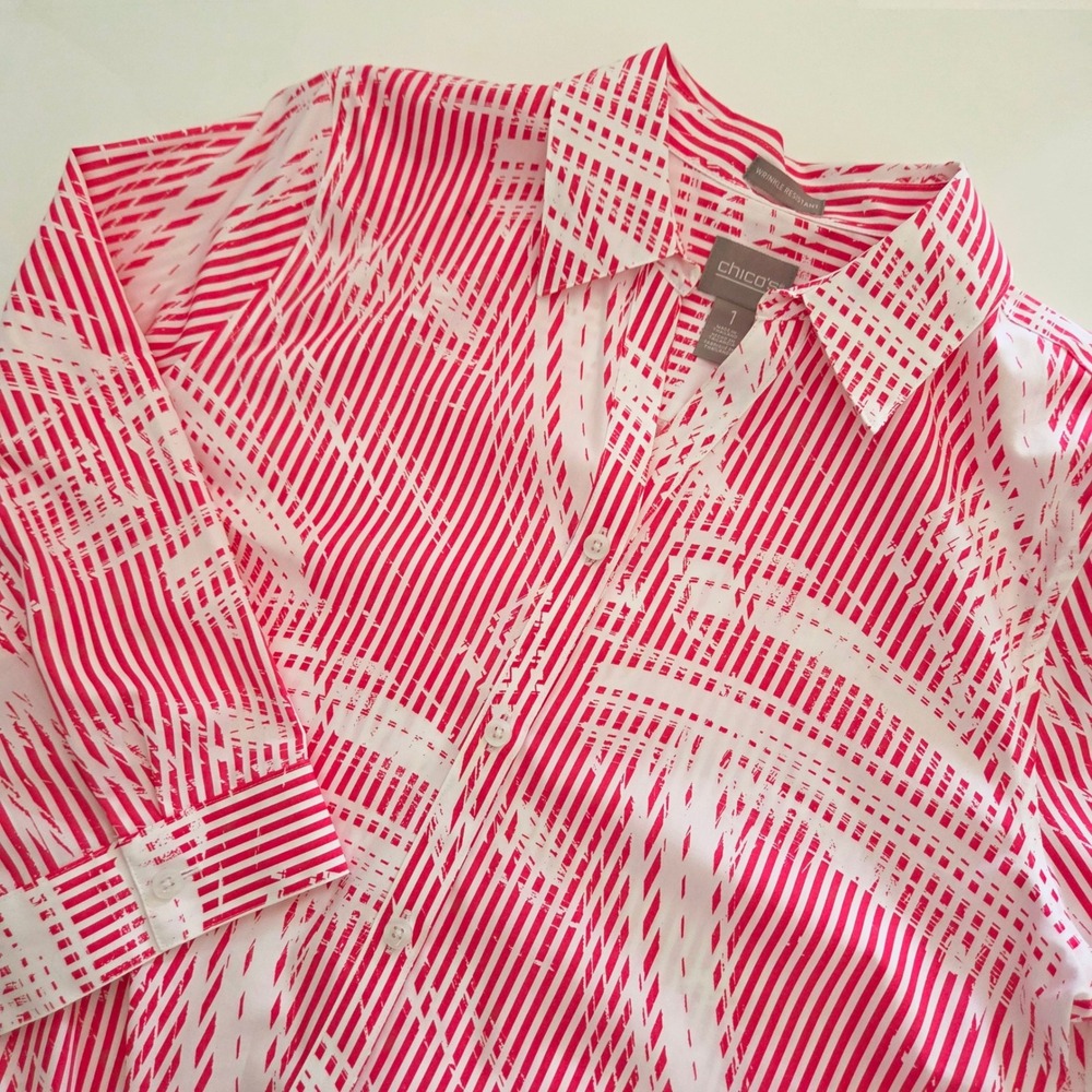 Chico's Button Down Red White Abstract Stripe Tie Front Women's Size 1 Medium